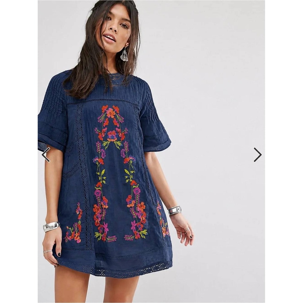 Free People Perfectly Victorian Dress Small Boho Cottagecore Navy Blue